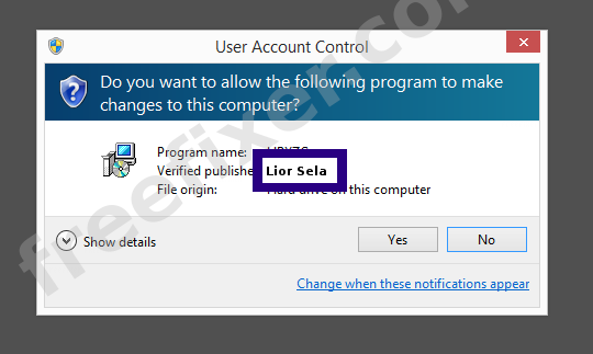 Screenshot where Lior Sela appears as the verified publisher in the UAC dialog